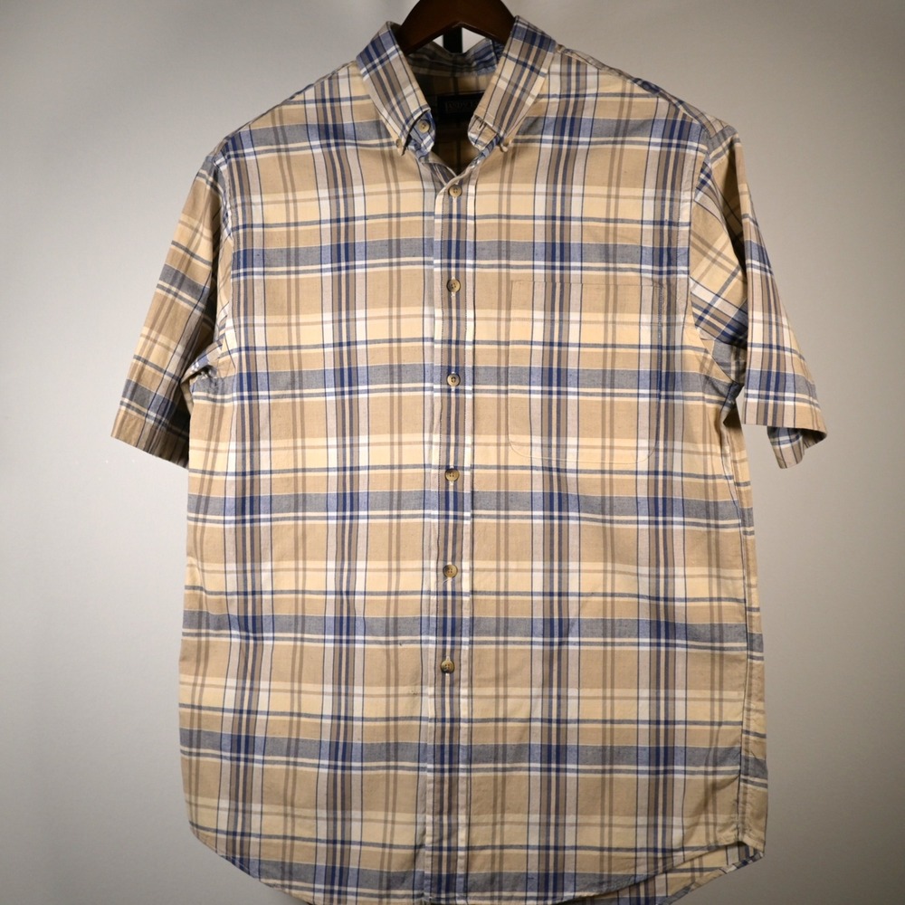 Lands End Mens Plaid Button Down Shirt Tan Blue Short Sleeve Cotton Size M USA